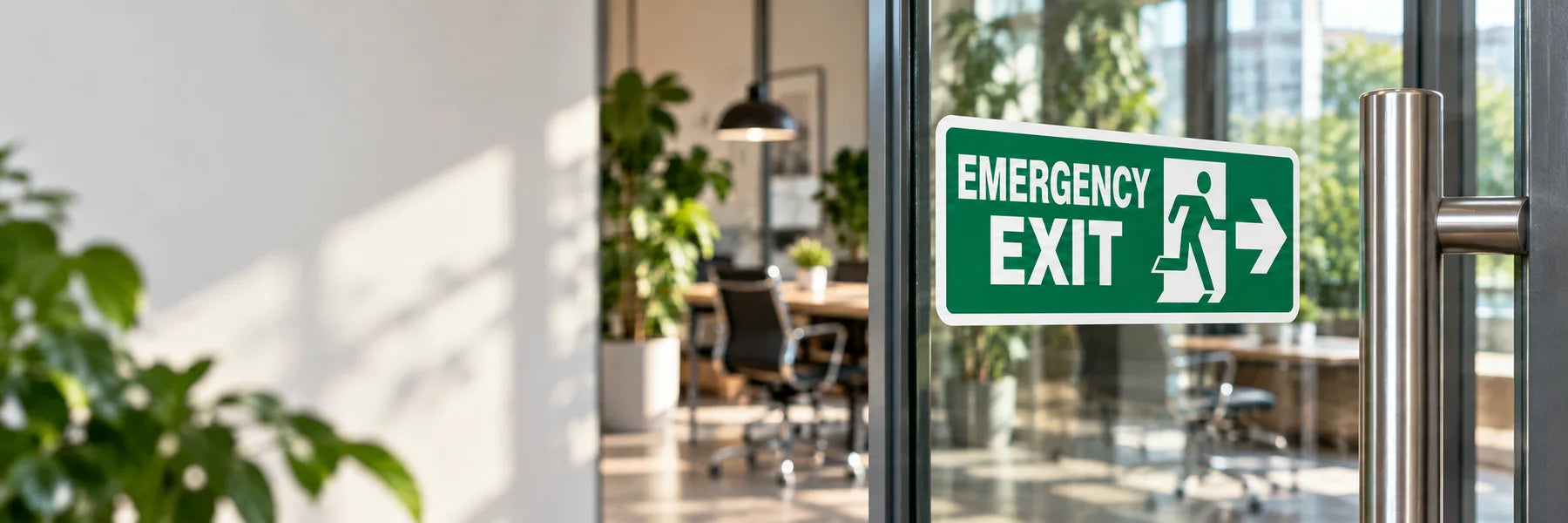 Illustrative Emergency Sign Stickers vinyl application in a realistic panoramic lifestyle scene.