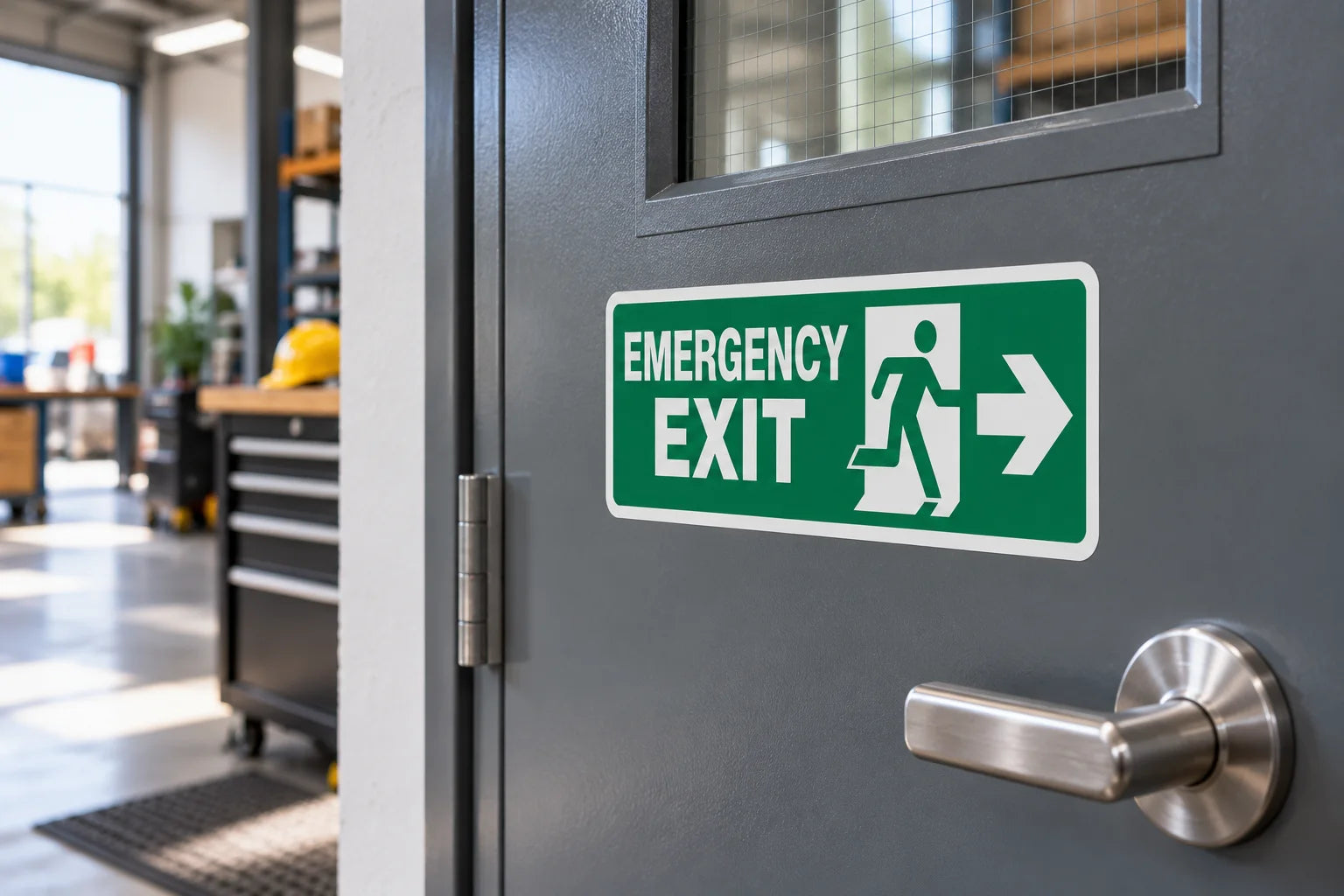 Illustrative Emergency Sign Stickers vinyl application in a realistic separate close-up lifestyle scene.