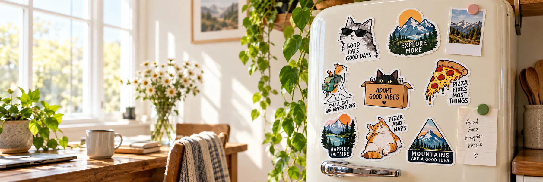 Illustrative Fun Sign Stickers vinyl application in a realistic panoramic lifestyle scene.