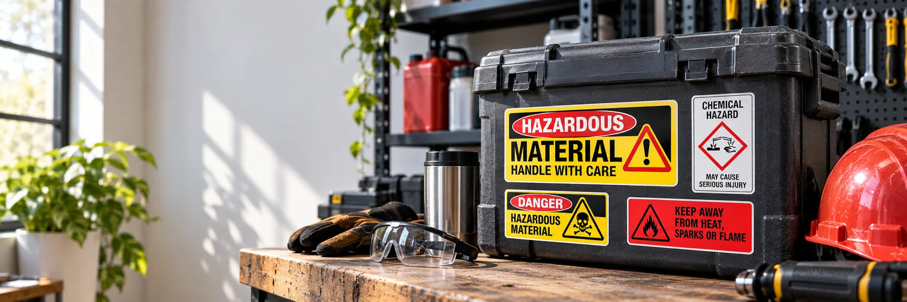 Illustrative Hazardous Sign Stickers vinyl application in a realistic panoramic lifestyle scene.