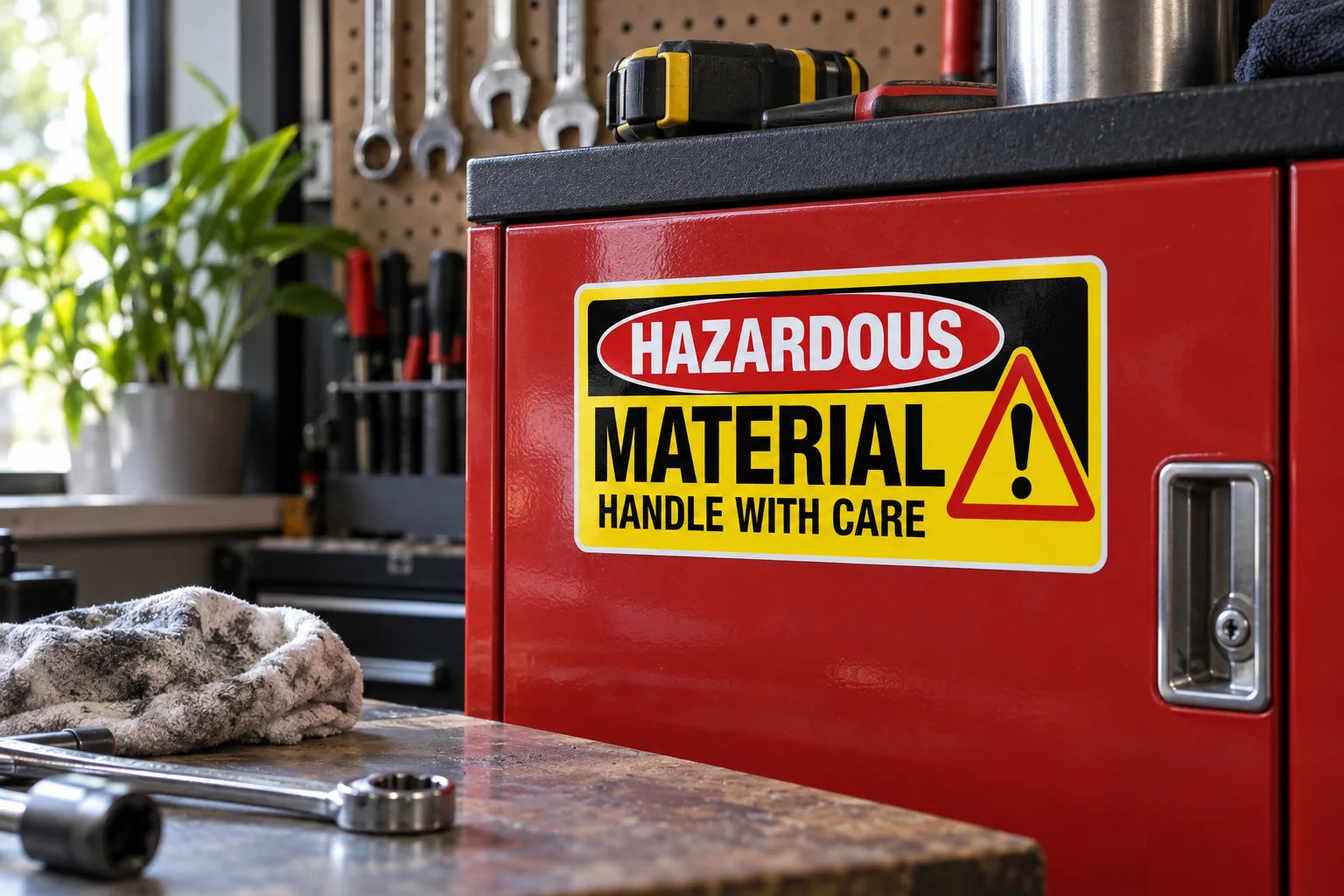 Illustrative Hazardous Sign Stickers vinyl application in a realistic separate close-up lifestyle scene.