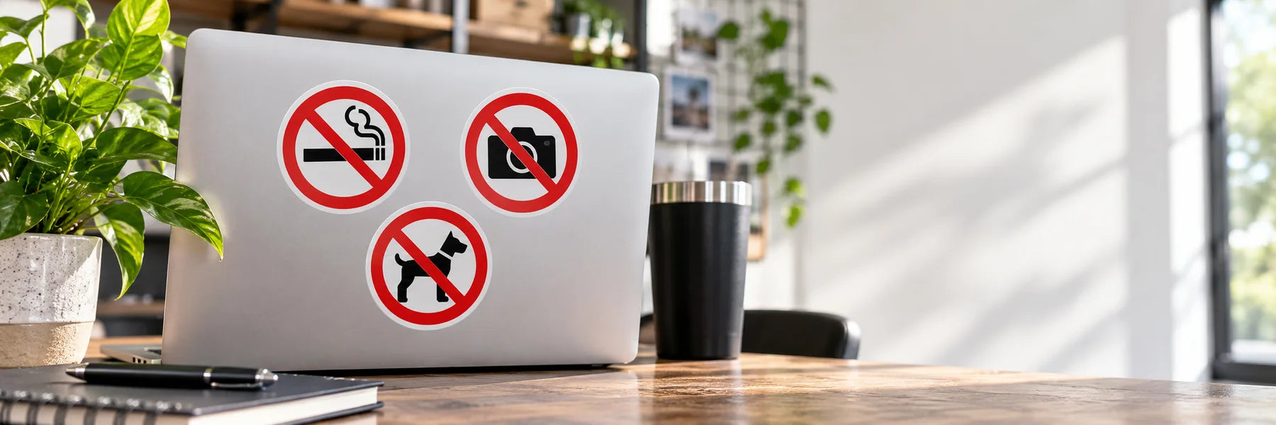 Illustrative NO Sign Stickers vinyl application in a realistic panoramic lifestyle scene.
