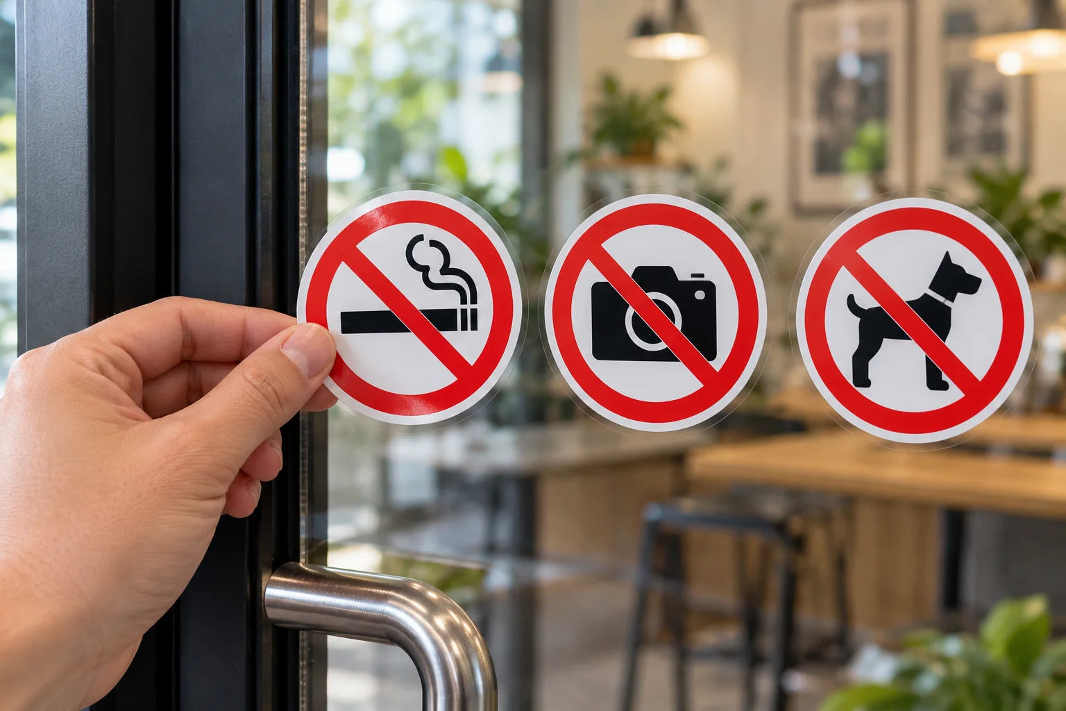 Illustrative NO Sign Stickers vinyl application in a realistic separate close-up lifestyle scene.
