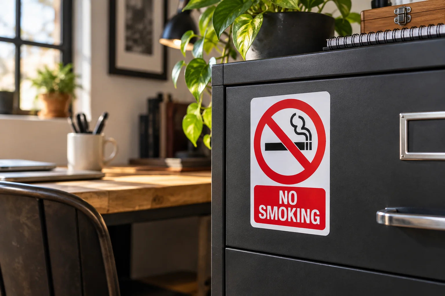 Illustrative NO Smoking Stickers vinyl application in a realistic separate close-up lifestyle scene.