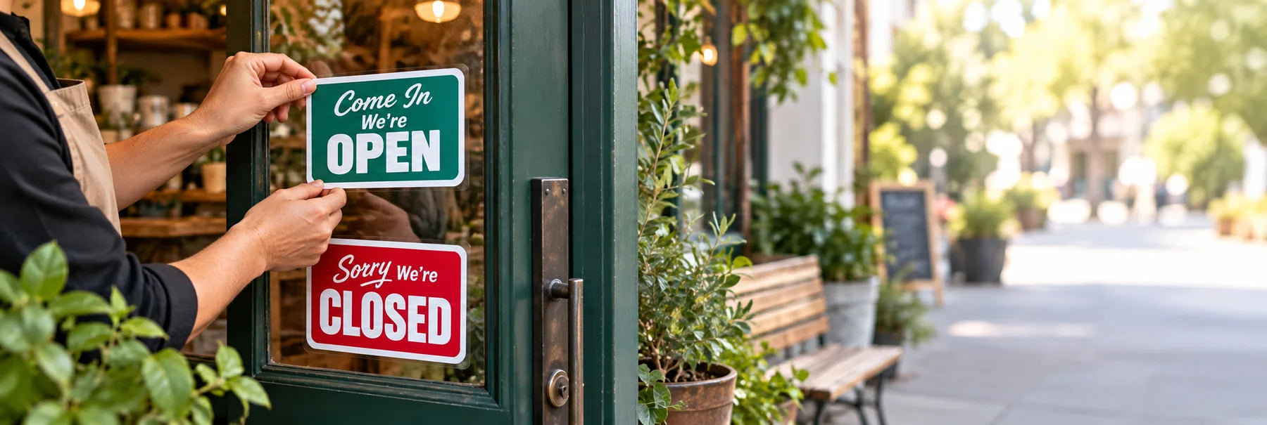 Illustrative Open Closed Sign Stickers vinyl application in a realistic panoramic lifestyle scene.