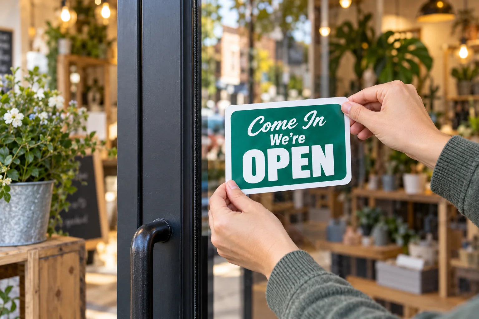Illustrative Open Closed Sign Stickers vinyl application in a realistic separate close-up lifestyle scene.