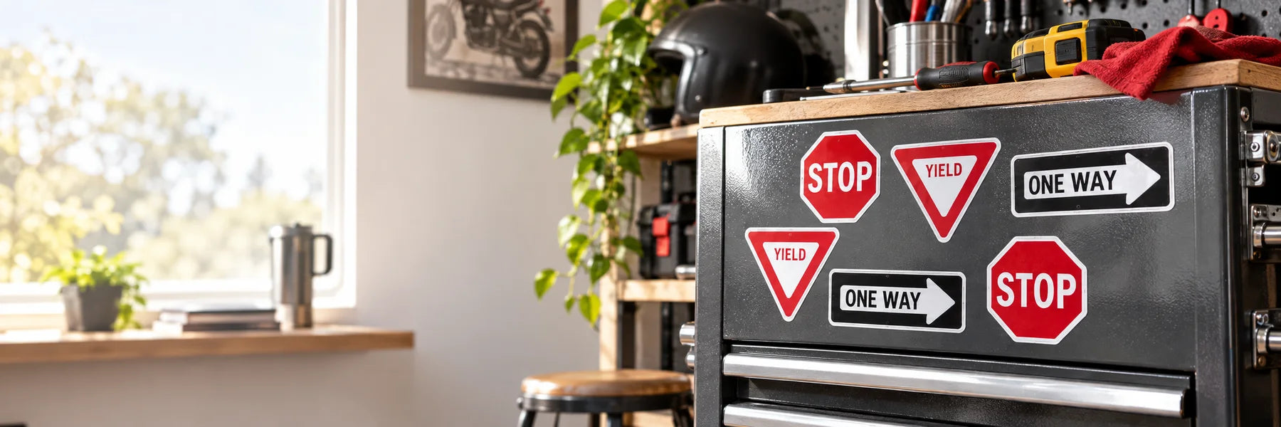 Illustrative Road Sign Stickers vinyl application in a realistic panoramic lifestyle scene.