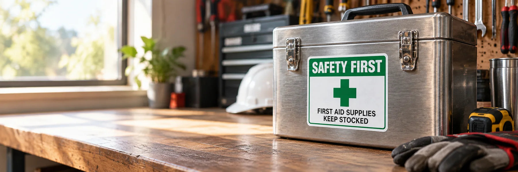 Illustrative Safety Sign Decals vinyl application in a realistic panoramic lifestyle scene.