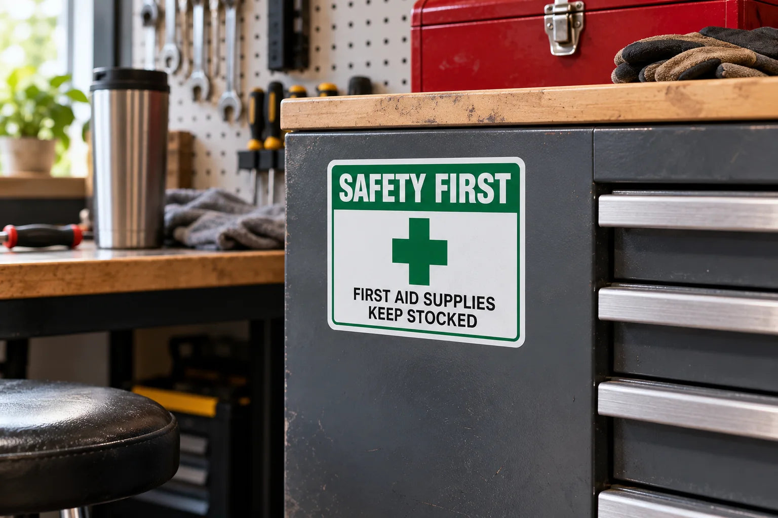 Illustrative Safety Sign Decals vinyl application in a realistic separate close-up lifestyle scene.