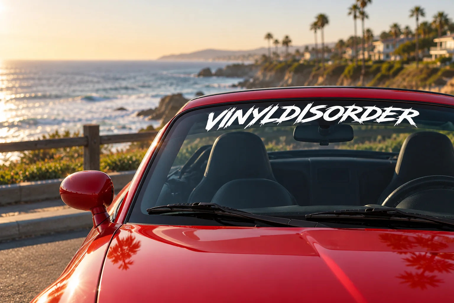 Illustrative Windshield Lettering Decals vinyl application in a realistic separate close-up lifestyle scene.