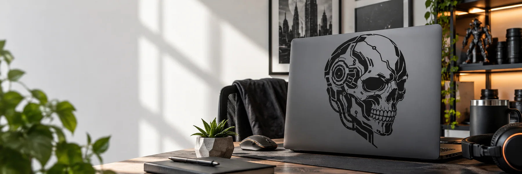 Illustrative Cyber Skull Decals vinyl application in a realistic panoramic lifestyle scene.