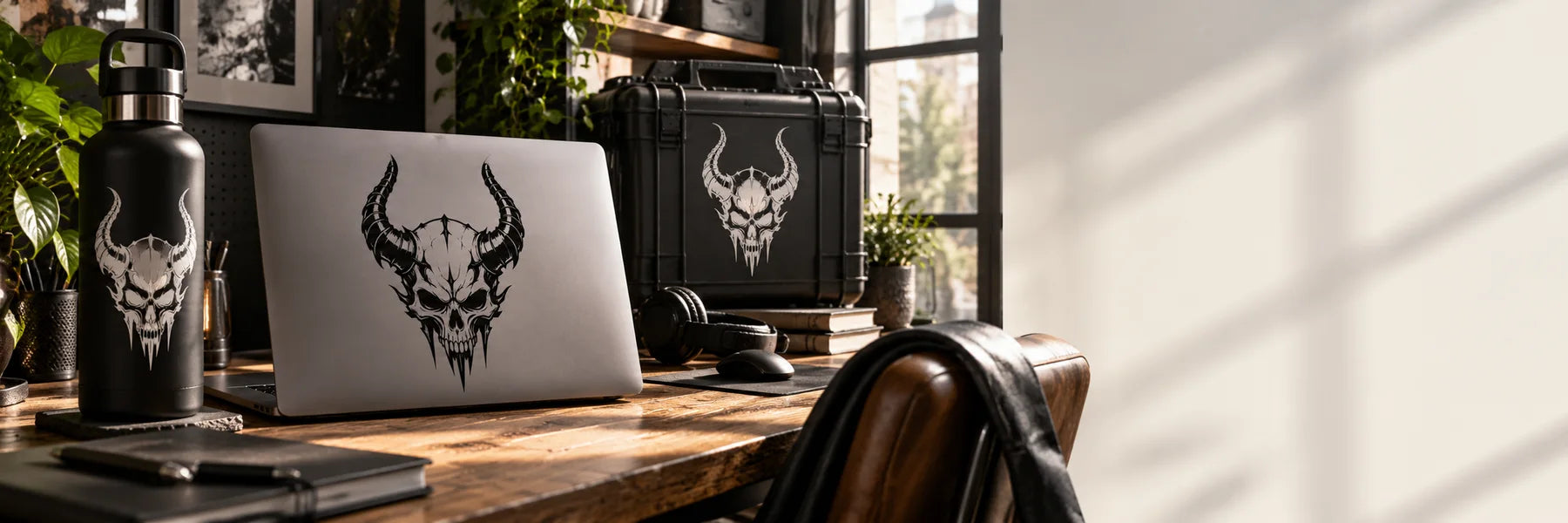 Illustrative Demon Skull Decals vinyl application in a realistic panoramic lifestyle scene.