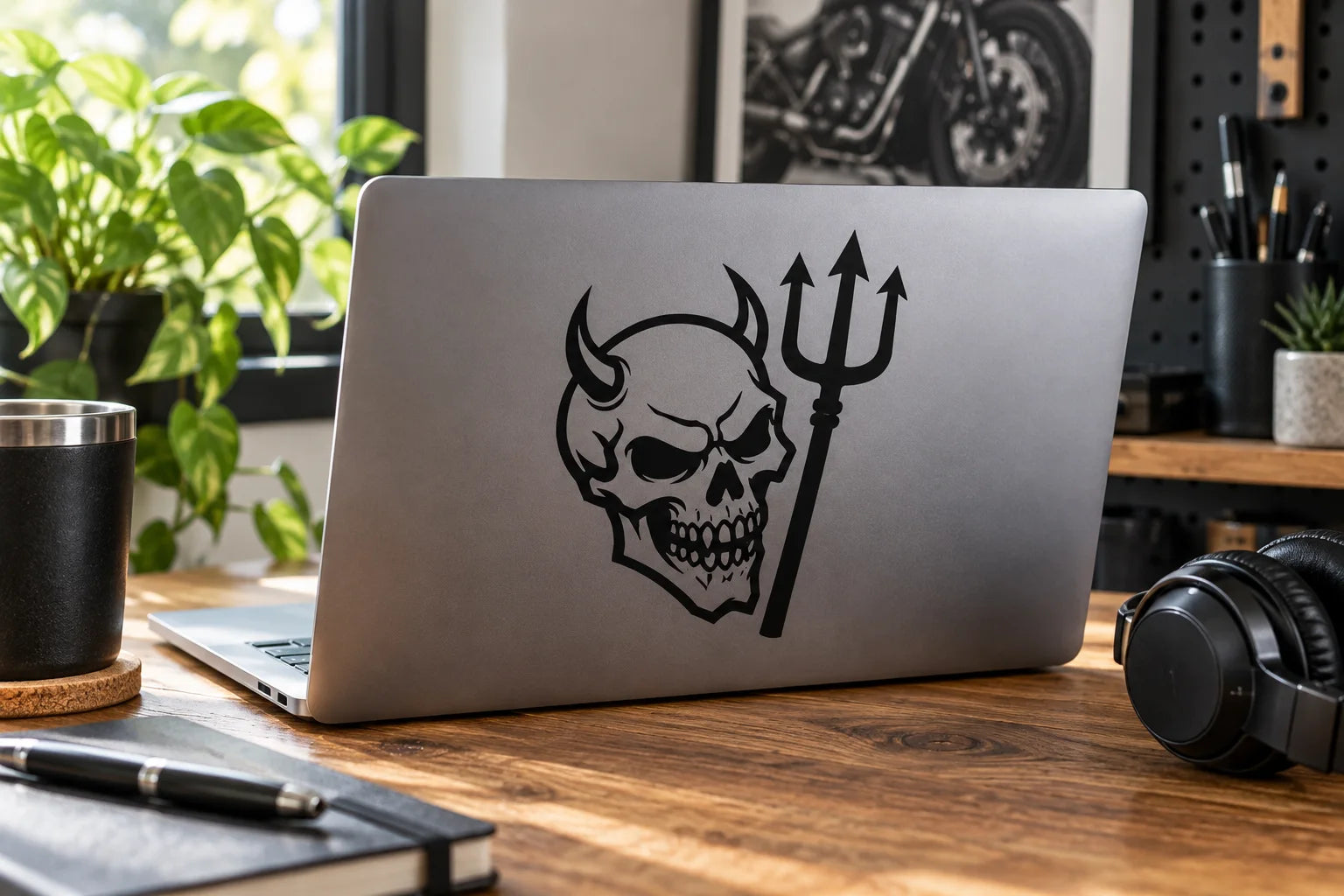 Illustrative Devil Skull Decals vinyl application in a realistic separate close-up lifestyle scene.