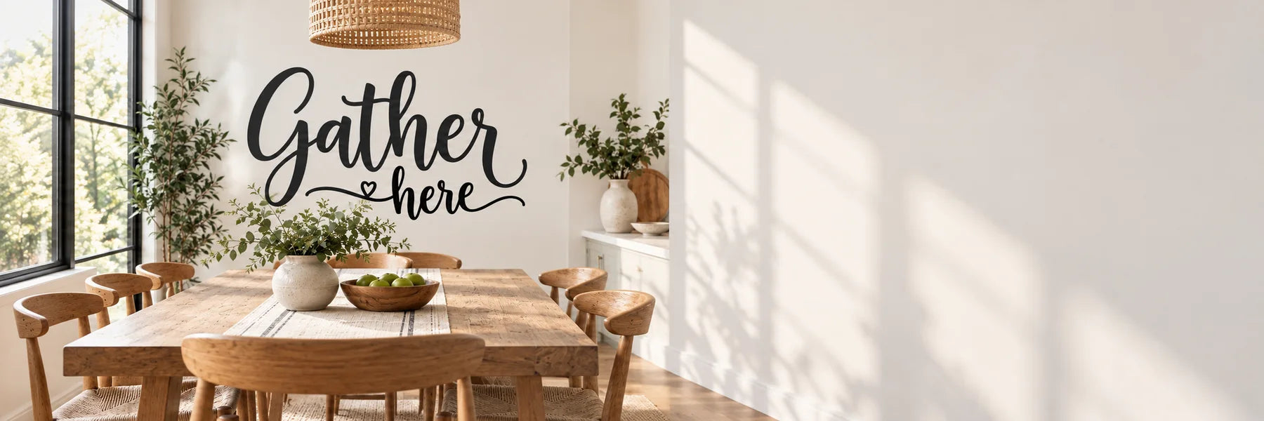 Illustrative Dining Room Quote Decals vinyl application in a realistic panoramic lifestyle scene.