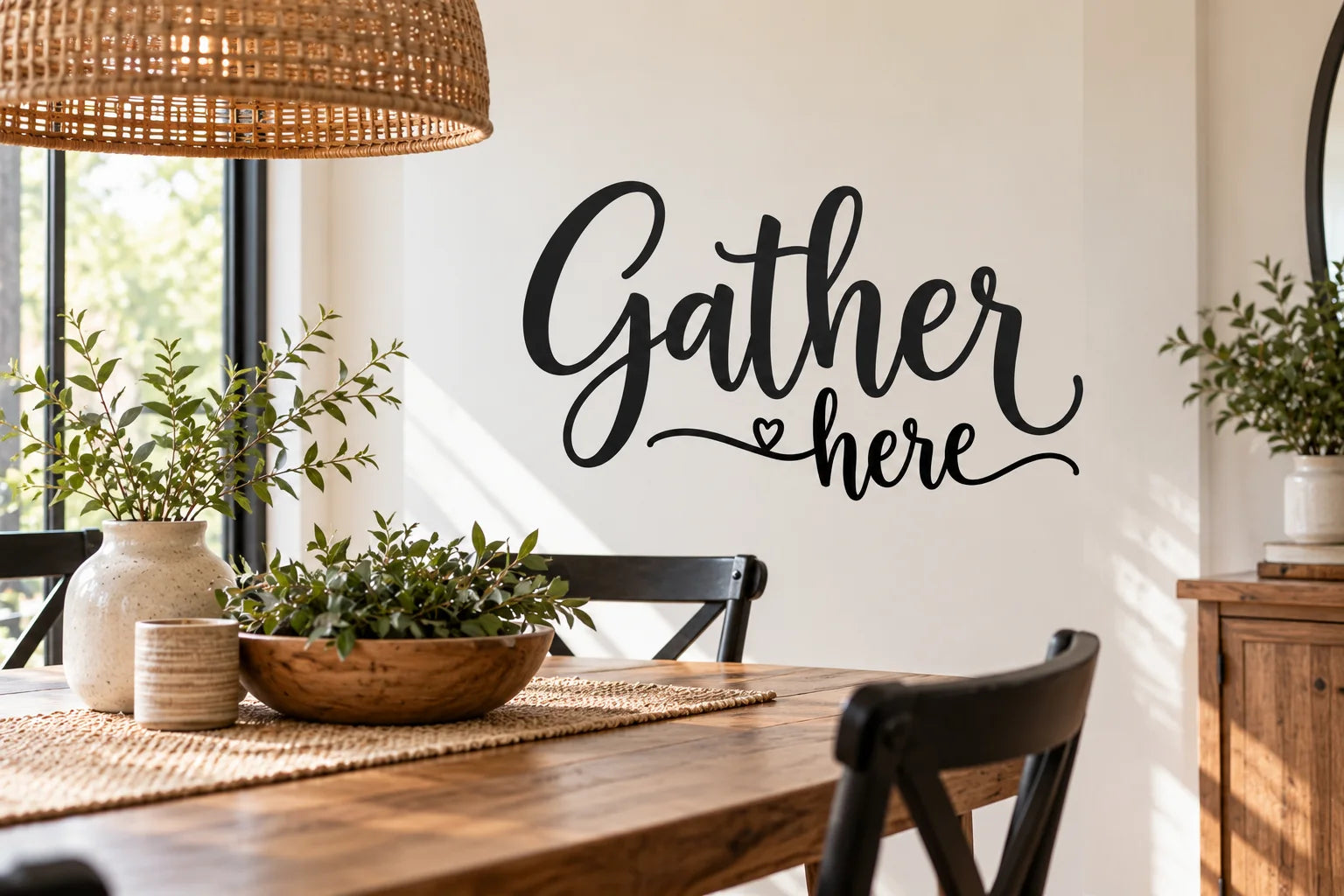 Illustrative Dining Room Quote Decals vinyl application in a realistic separate close-up lifestyle scene.