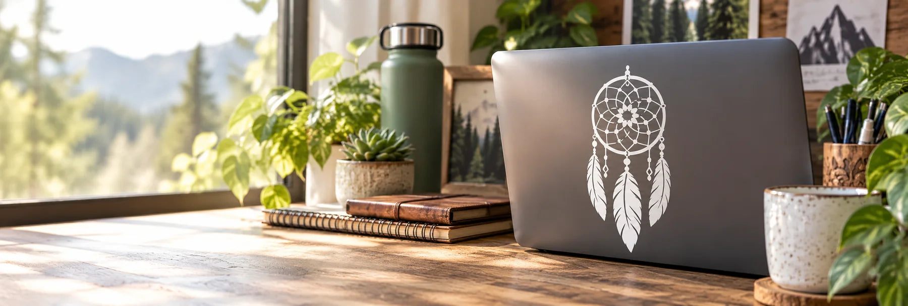 Illustrative Dream Catcher Decals vinyl application in a realistic panoramic lifestyle scene.
