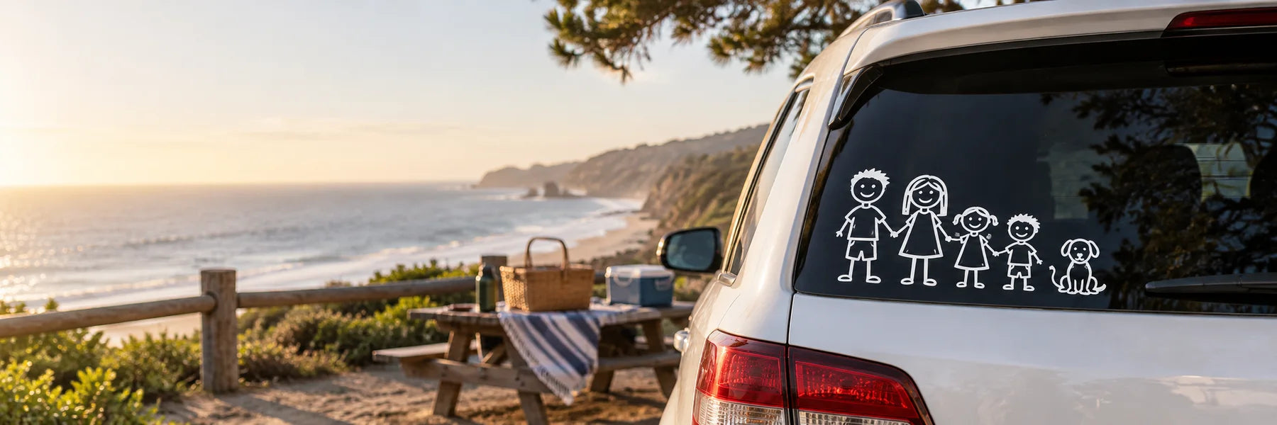 Illustrative Family Car Decal Decals vinyl application in a realistic panoramic lifestyle scene.