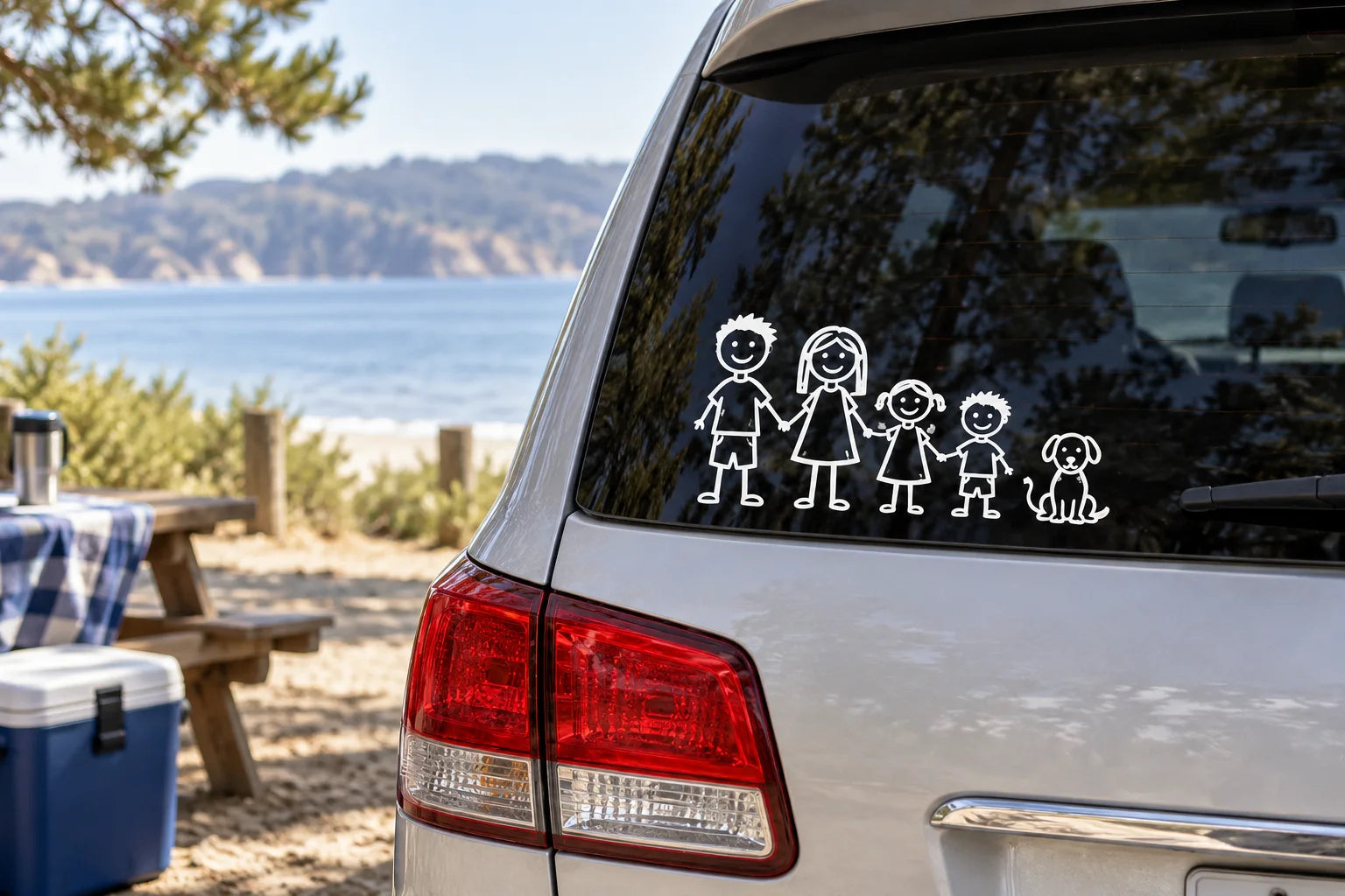 Illustrative Family Car Decal Decals vinyl application in a realistic separate close-up lifestyle scene.