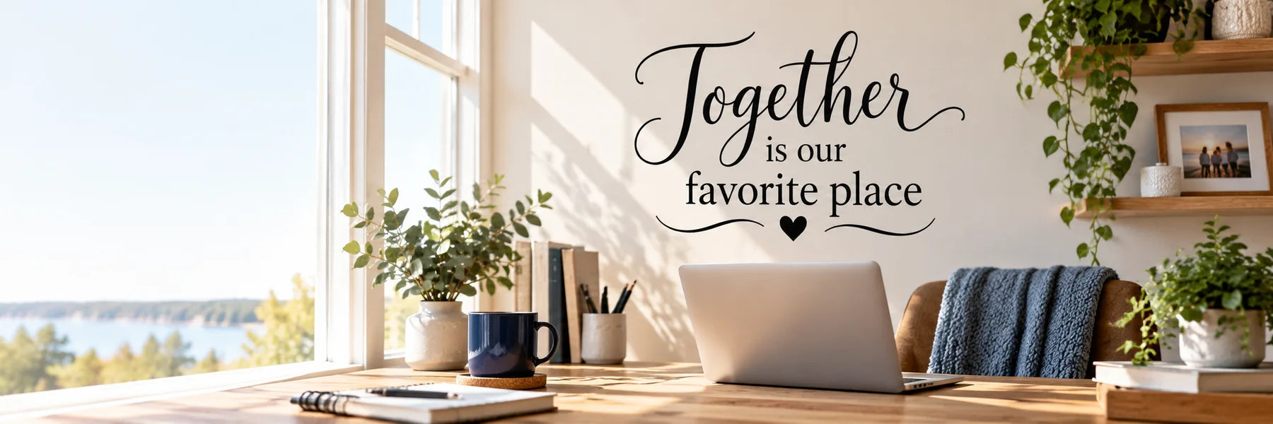 Illustrative Family and Friend Quote Decals vinyl application in a realistic panoramic lifestyle scene.