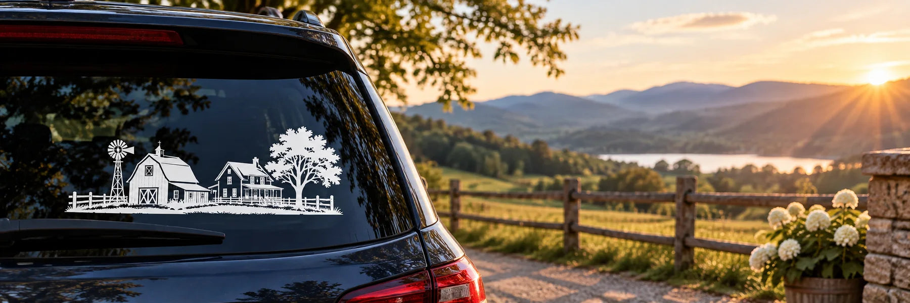 Illustrative Farm House Decals vinyl application in a realistic panoramic lifestyle scene.