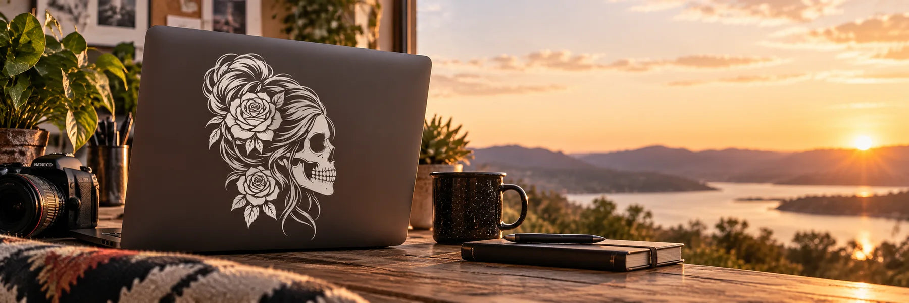 Illustrative Female Skull Decals vinyl application in a realistic panoramic lifestyle scene.