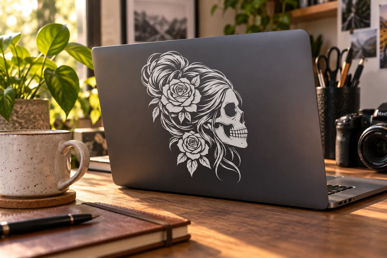 Illustrative Female Skull Decals vinyl application in a realistic separate close-up lifestyle scene.
