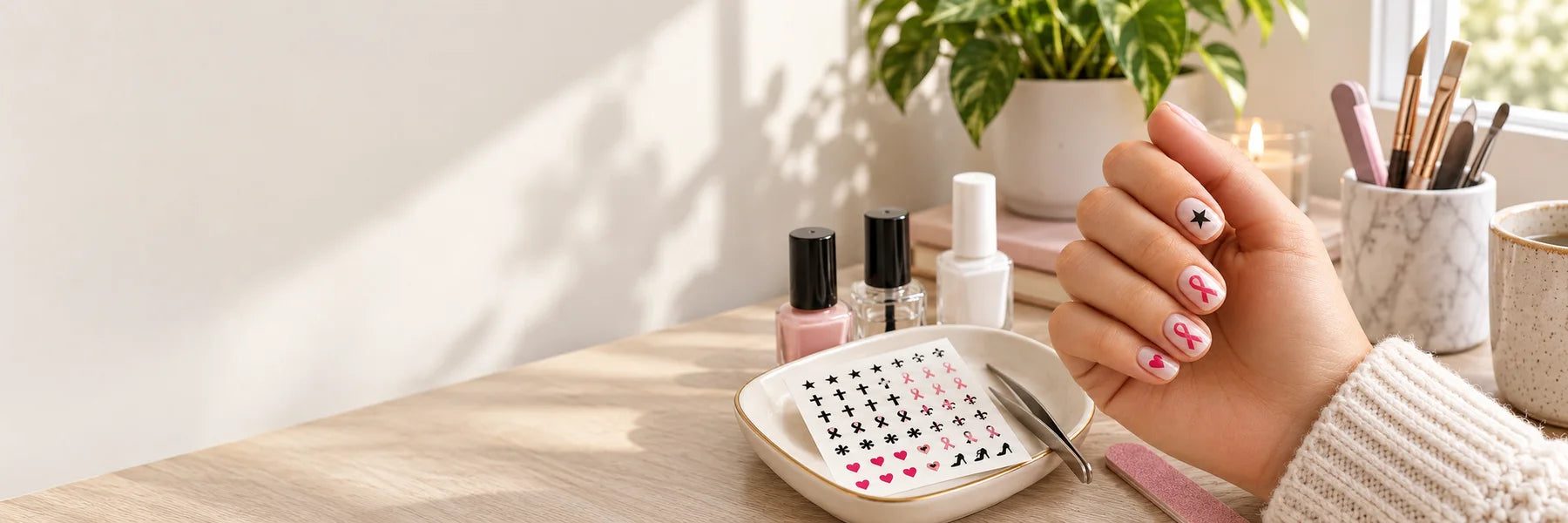 Illustrative Finger Nail Art Decals vinyl application in a realistic panoramic lifestyle scene.