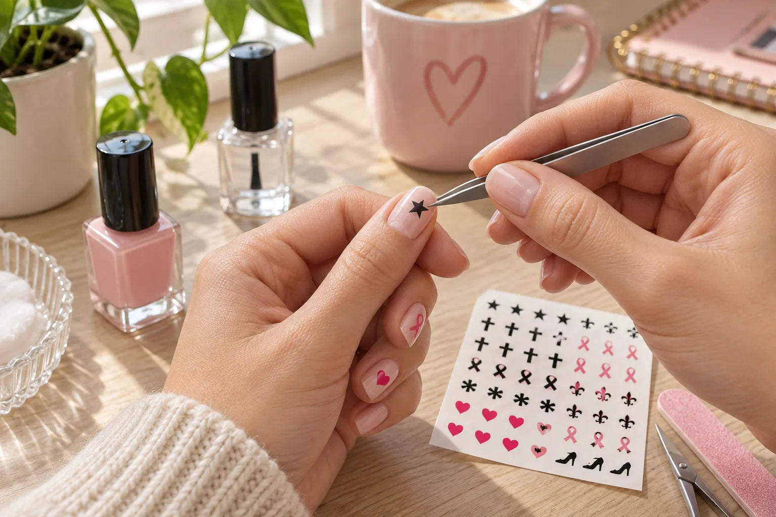 Illustrative Finger Nail Art Decals vinyl application in a realistic separate close-up lifestyle scene.