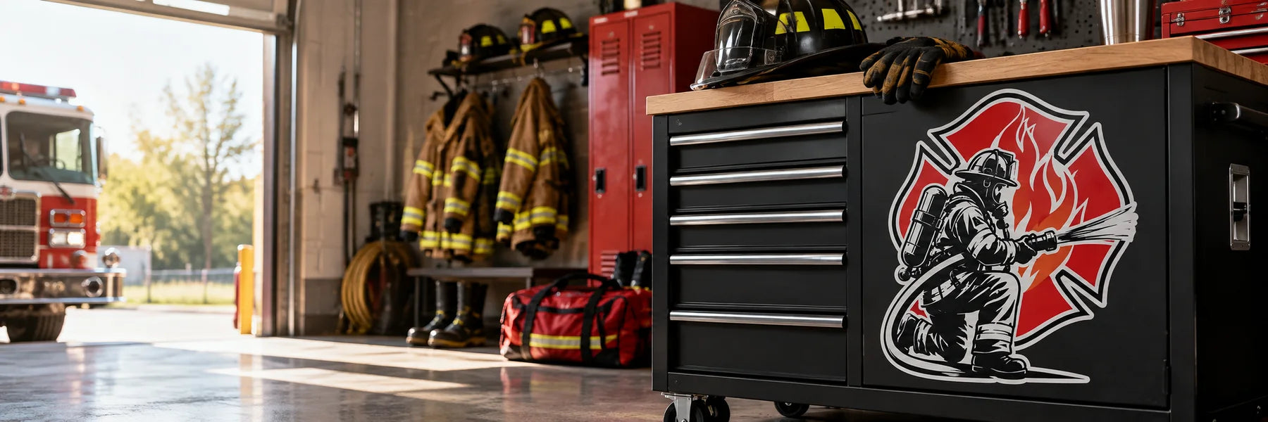 Illustrative Fire and Rescue Decals vinyl application in a realistic panoramic lifestyle scene.