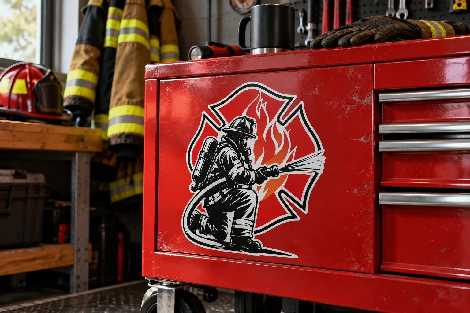 Illustrative Fire and Rescue Decals vinyl application in a realistic separate close-up lifestyle scene.