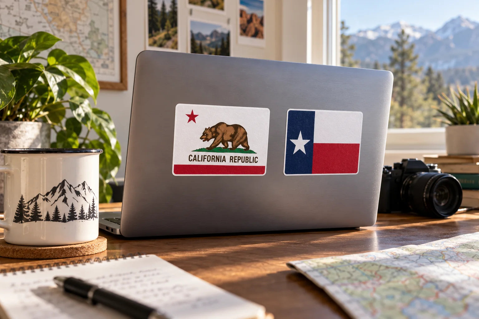 Illustrative US State Flag Decals vinyl application in a realistic separate close-up lifestyle scene.