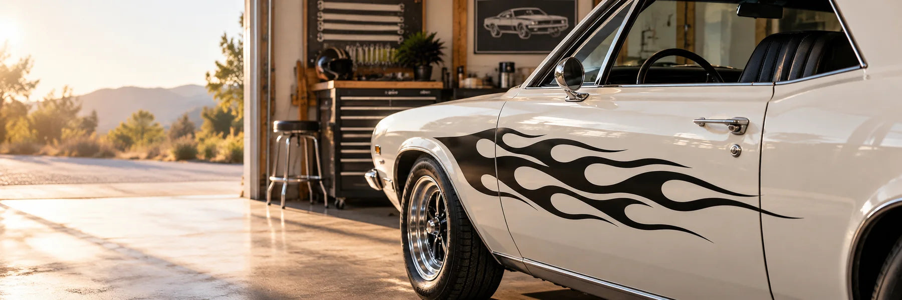 Illustrative Flame Car Decals vinyl application in a realistic panoramic lifestyle scene.