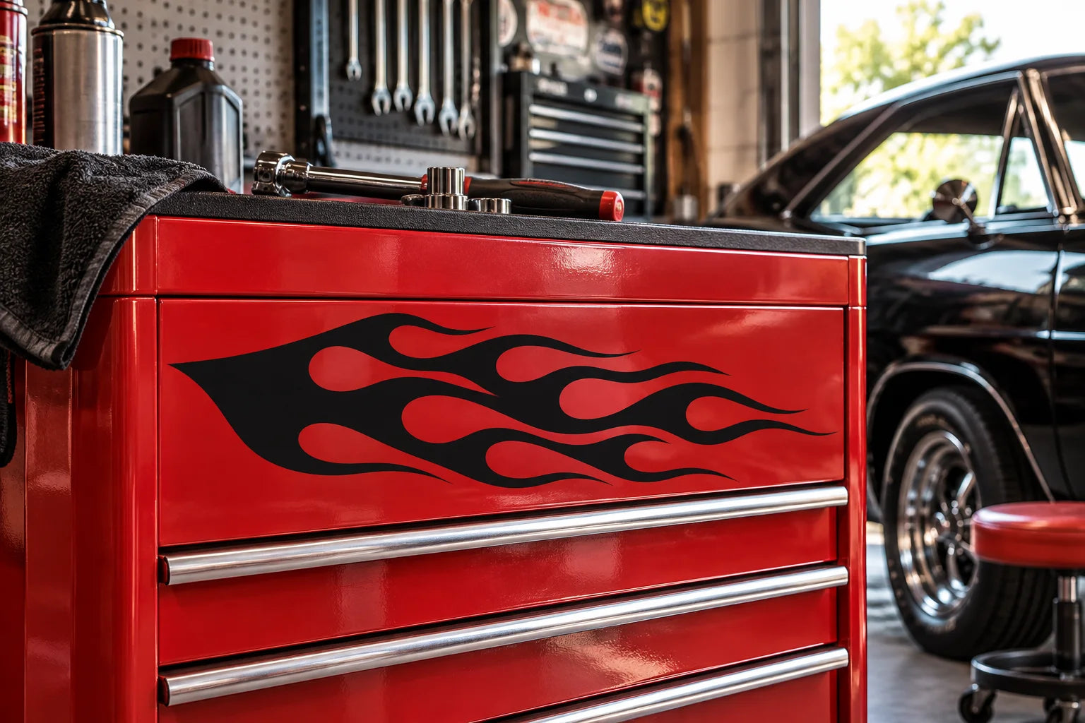 Illustrative Flame Car Decals vinyl application in a realistic separate close-up lifestyle scene.