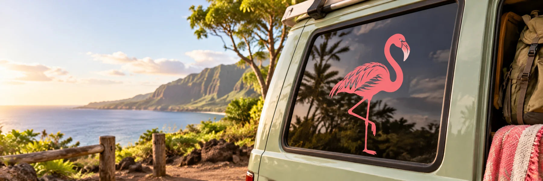 Illustrative Flamingo Decals vinyl application in a realistic panoramic lifestyle scene.
