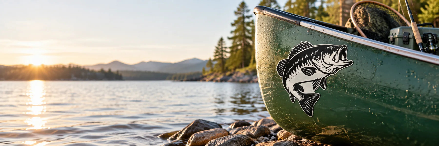 Illustrative Freshwater Fish Decals vinyl application in a realistic panoramic lifestyle scene.
