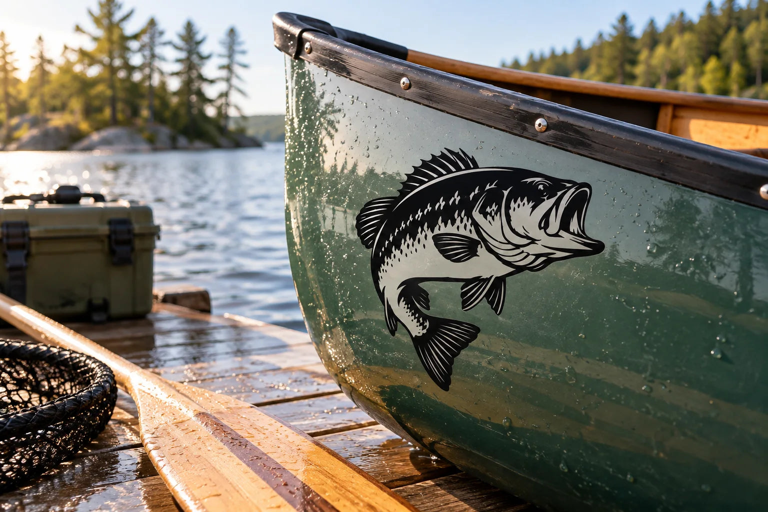 Illustrative Freshwater Fish Decals vinyl application in a realistic separate close-up lifestyle scene.