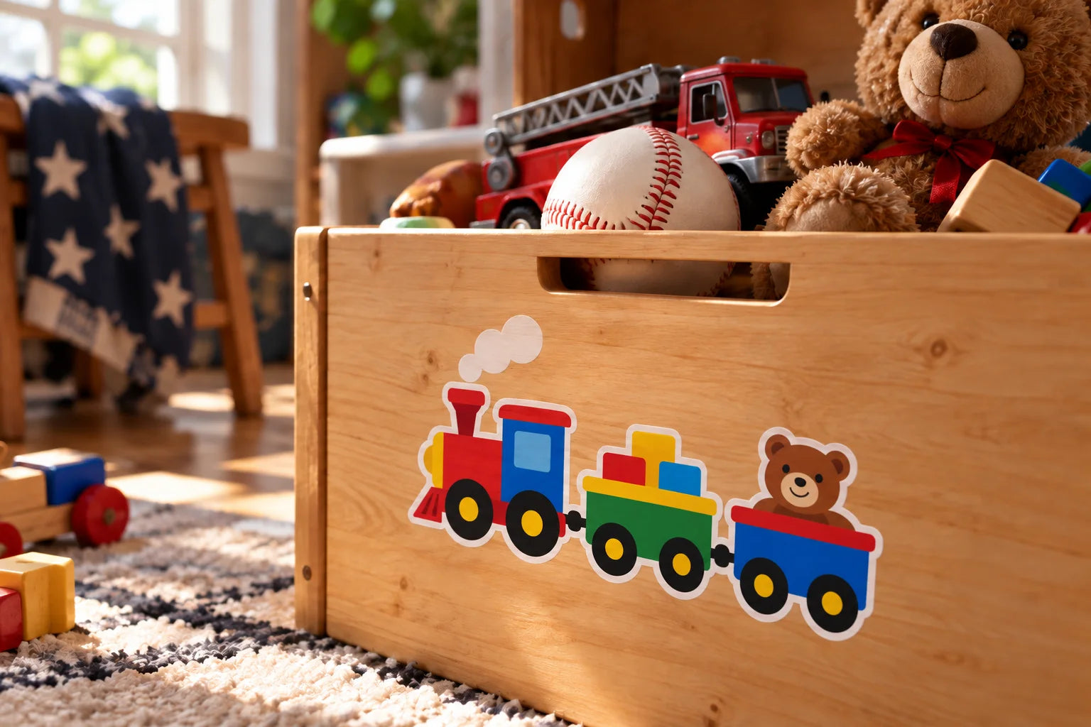 Illustrative Toy Stickers vinyl application in a realistic separate close-up lifestyle scene.