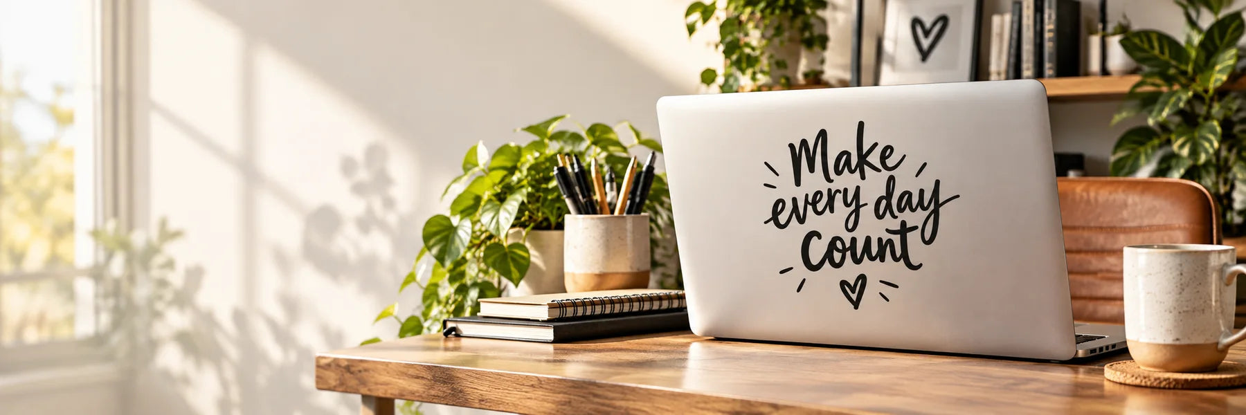 Illustrative Funny Phrase Decals vinyl application in a realistic panoramic lifestyle scene.