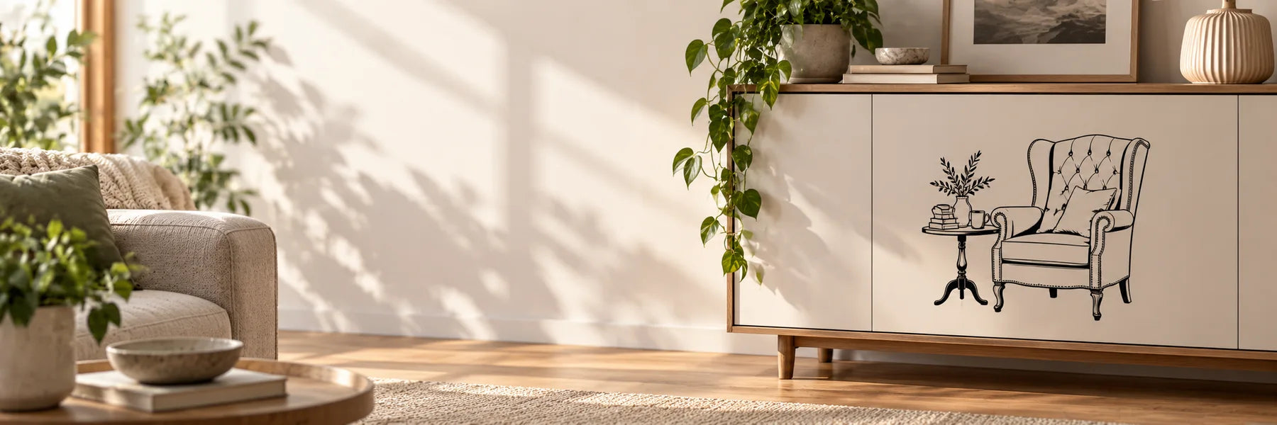 Illustrative Furniture Decals vinyl application in a realistic panoramic lifestyle scene.