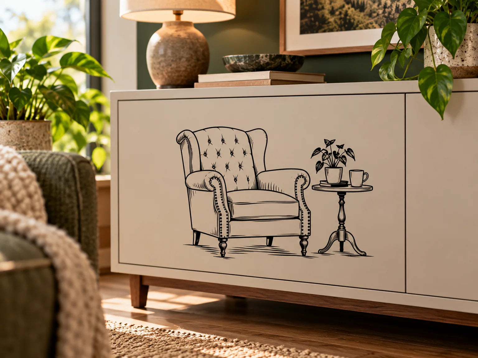 Illustrative Furniture Decals vinyl application in a realistic separate close-up lifestyle scene.