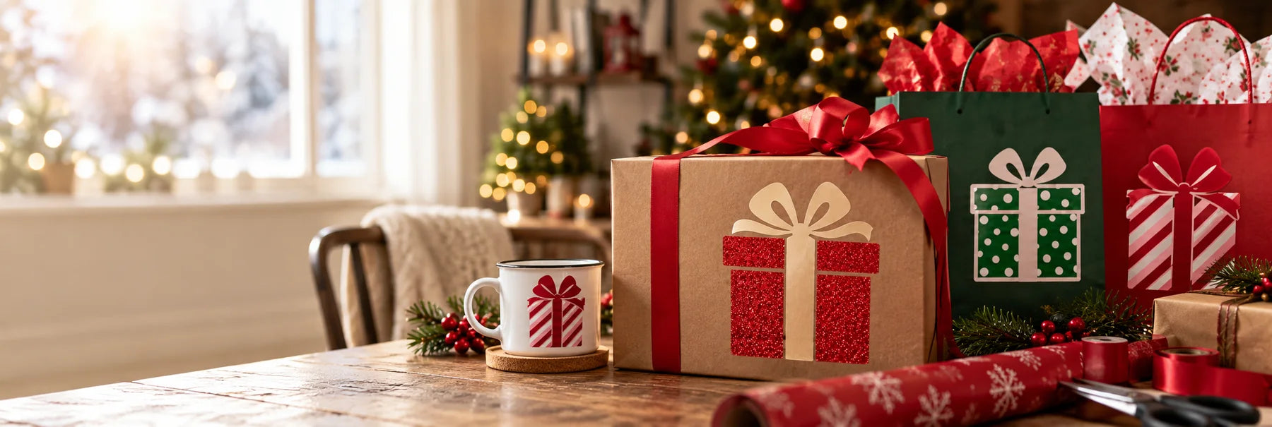 Illustrative Gift and Present Decals vinyl application in a realistic panoramic lifestyle scene.
