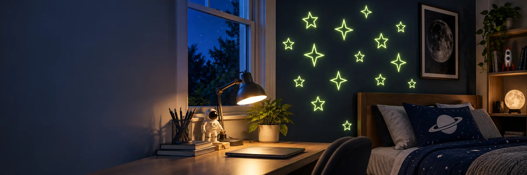 Illustrative Glow in the Dark Decals vinyl application in a realistic panoramic lifestyle scene.