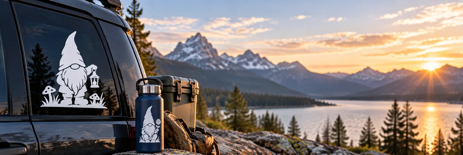 Illustrative Gnome Decals vinyl application in a realistic panoramic lifestyle scene.