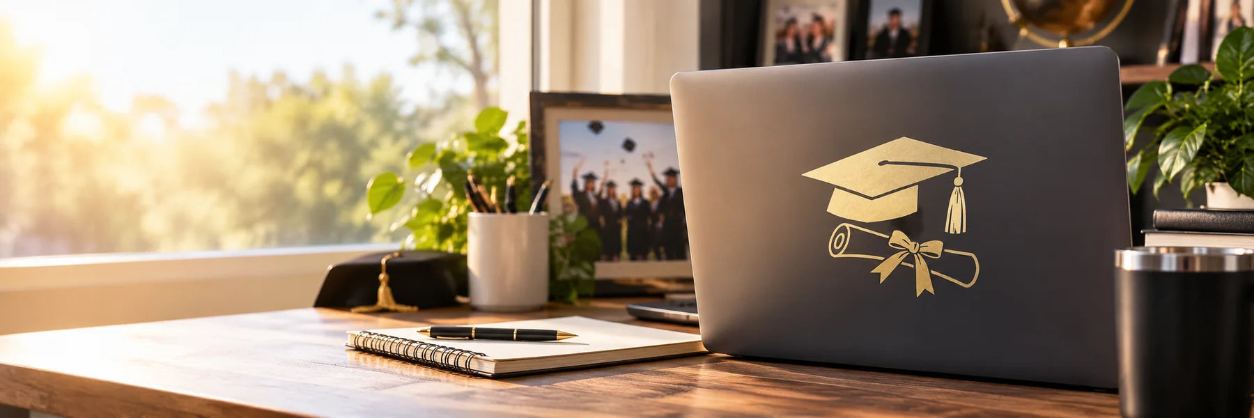 Illustrative Graduation Decals vinyl application in a realistic panoramic lifestyle scene.