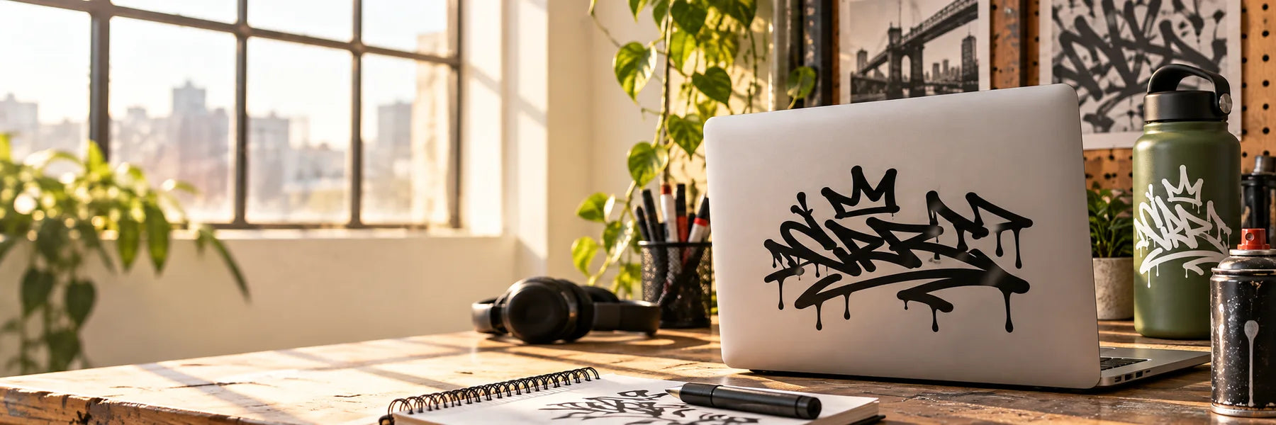 Illustrative Graffiti Decals vinyl application in a realistic panoramic lifestyle scene.