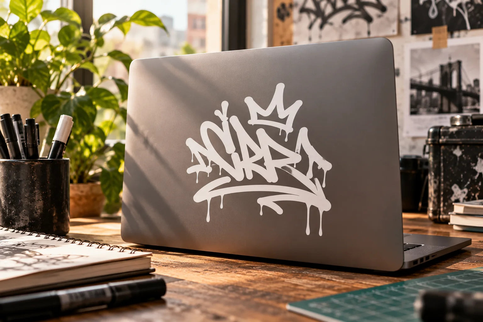 Illustrative Graffiti Decals vinyl application in a realistic separate close-up lifestyle scene.