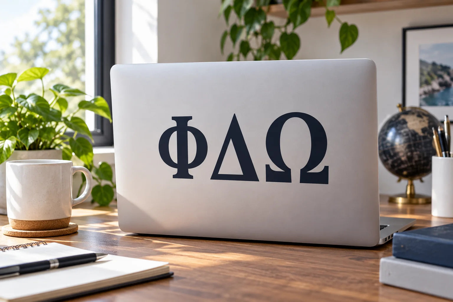 Illustrative Greek Letter Decals vinyl application in a realistic separate close-up lifestyle scene.