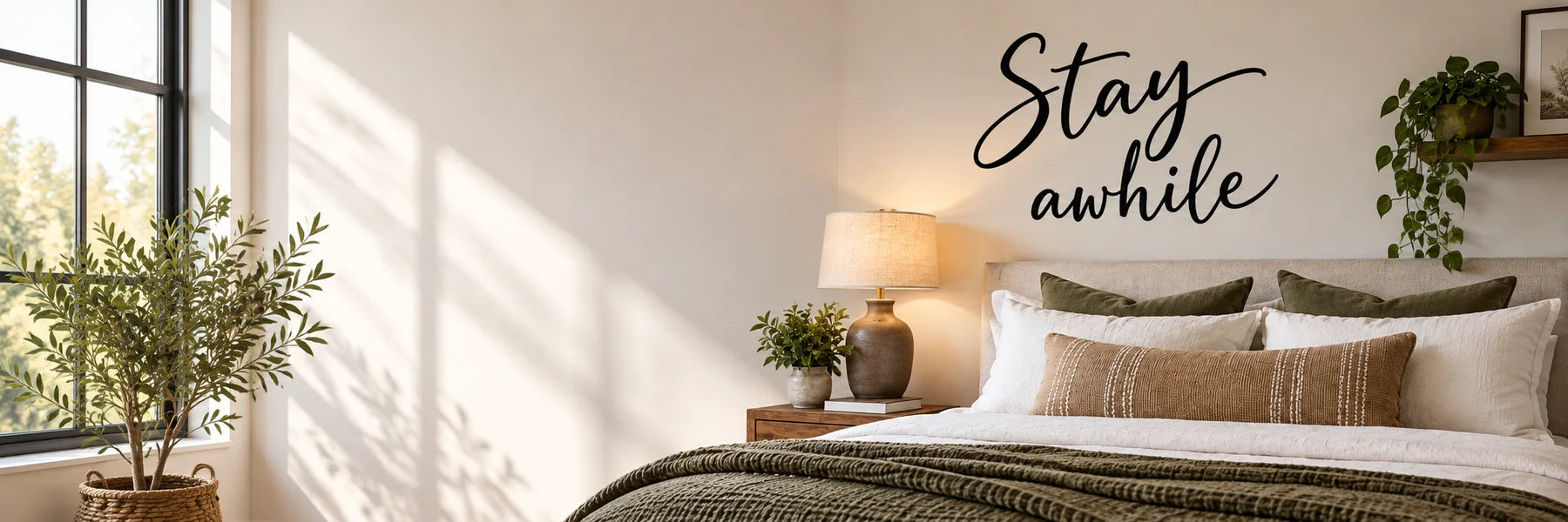 Illustrative Guest Room Quote Decals vinyl application in a realistic panoramic lifestyle scene.