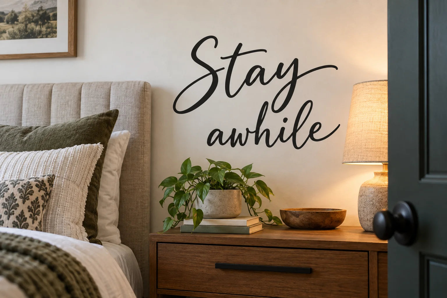 Illustrative Guest Room Quote Decals vinyl application in a realistic separate close-up lifestyle scene.