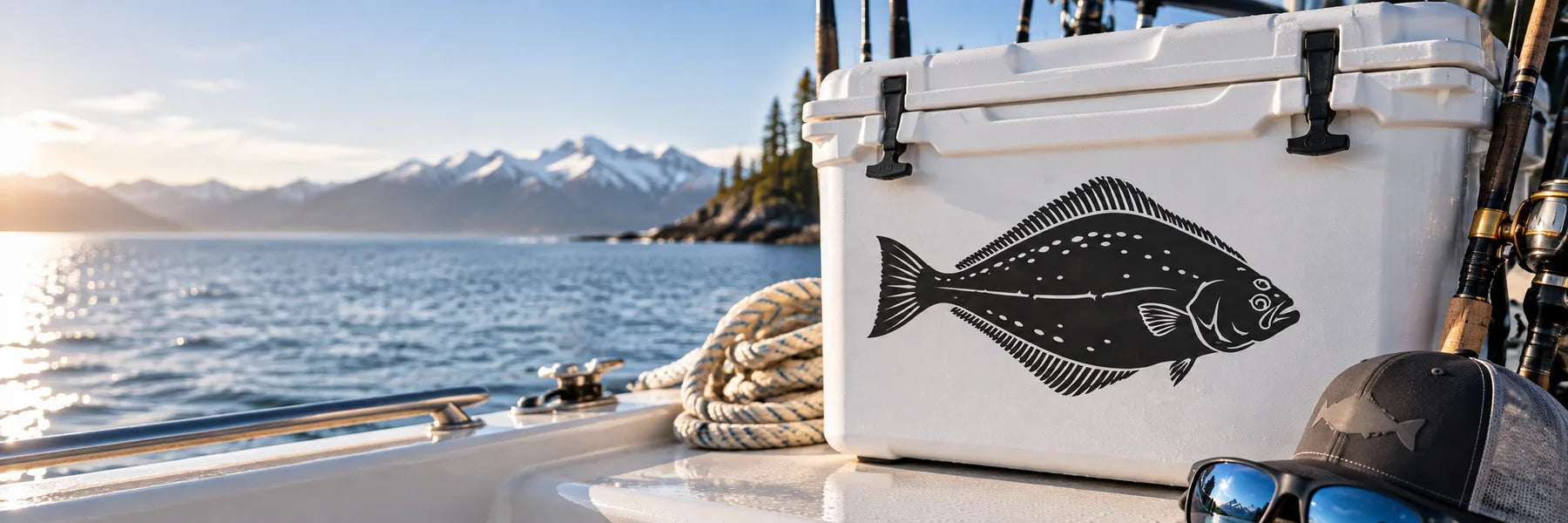 Illustrative Halibut Decals vinyl application in a realistic panoramic lifestyle scene.